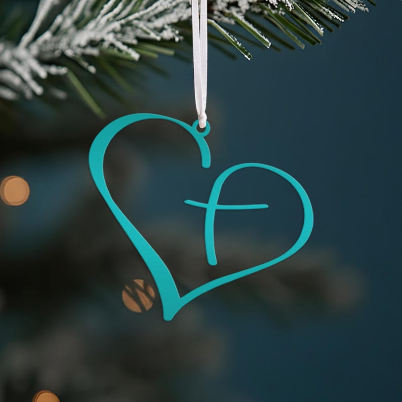 Metal Heart Cross Ornament, Christian Holiday Decor, Gift topper Teal