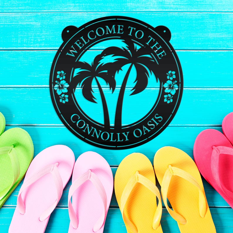 Palm Tree Hanging Pool or Patio Sign - Rental Property Address Sign- Tropical Decor - Housewarming Gift - Anniversary Gift -Porch Home Decor Matte Black