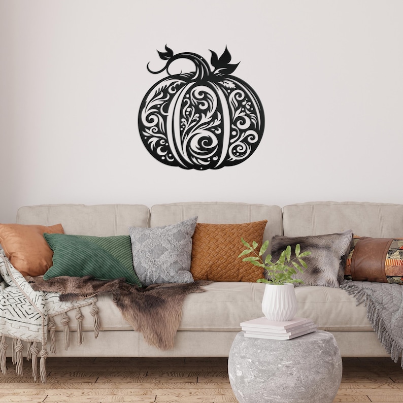 Decorative Scroll Pumpkin Metal Sign - Fall Harvest Decor - Indoor/Outdoor Autumn Pumpkin Signs - Thanksgiving Wall Art - Front Door Decor Matte Black