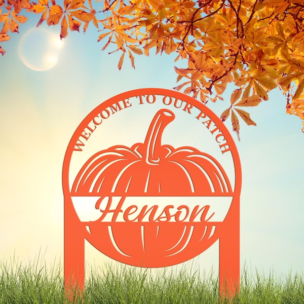 Estaca de calabaza para jardín con decoración otoñal, decoración de césped otoñal personalizada para exteriores, letrero con apellido personalizado para Acción de Gracias, letrero comercial con huerto de calabazas