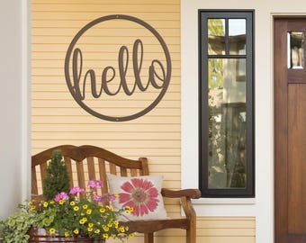 Round Metal Hello Metal Sign, Front Door Sign, Wreath Hanger Sign, Indoor Outdoor, Powder Coated