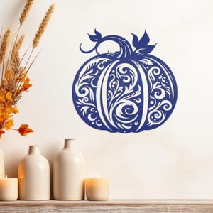 Decorative Scroll Pumpkin Metal Sign - Fall Harvest Decor - Indoor/Outdoor Autumn Pumpkin Signs - Thanksgiving Wall Art - Front Door Decor Navy