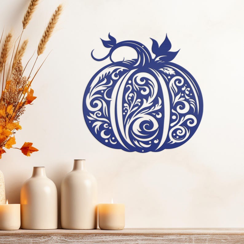Decorative Scroll Pumpkin Metal Sign - Fall Harvest Decor - Indoor/Outdoor Autumn Pumpkin Signs - Thanksgiving Wall Art - Front Door Decor Navy