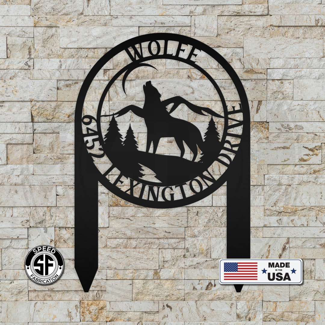 Custom Wolf Address Sign for Front Yard or Driveway Mountain Scene Yard