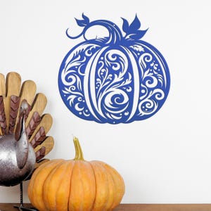 Decorative Scroll Pumpkin Metal Sign - Fall Harvest Decor - Indoor/Outdoor Autumn Pumpkin Signs - Thanksgiving Wall Art - Front Door Decor Blue
