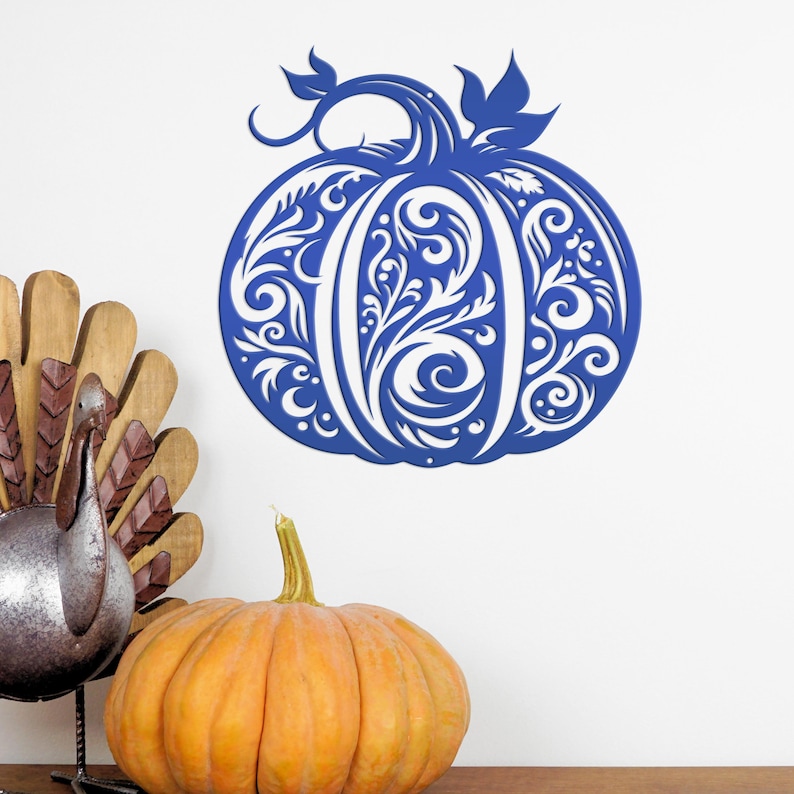 Decorative Scroll Pumpkin Metal Sign - Fall Harvest Decor - Indoor/Outdoor Autumn Pumpkin Signs - Thanksgiving Wall Art - Front Door Decor Blue