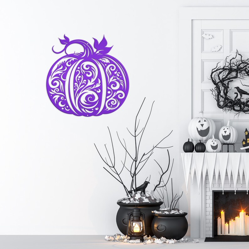 Decorative Scroll Pumpkin Metal Sign - Fall Harvest Decor - Indoor/Outdoor Autumn Pumpkin Signs - Thanksgiving Wall Art - Front Door Decor Purple