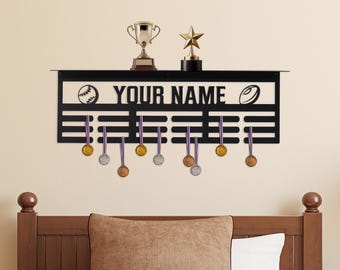 Trophy Shelf-Personalized Sports Award Organizer and Trophy Shelf - 2 Sport Icons - Unique Medals Holder - Ribbon Display