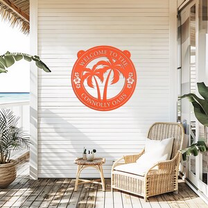 Palm Tree Hanging Pool or Patio Sign - Rental Property Address Sign- Tropical Decor - Housewarming Gift - Anniversary Gift -Porch Home Decor Orange