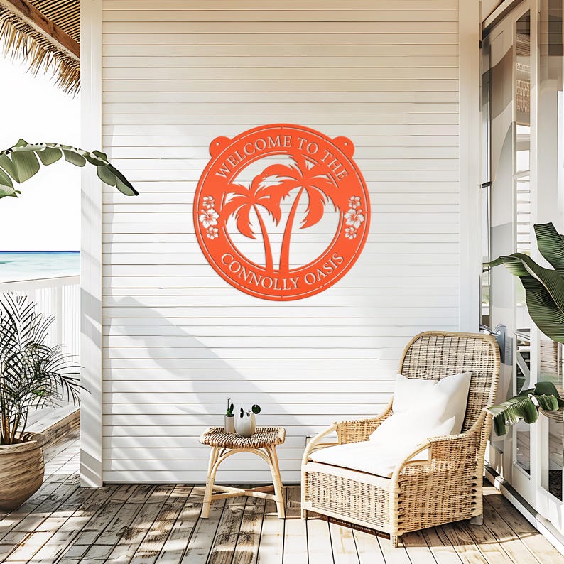 Palm Tree Hanging Pool or Patio Sign - Rental Property Address Sign- Tropical Decor - Housewarming Gift - Anniversary Gift -Porch Home Decor Orange