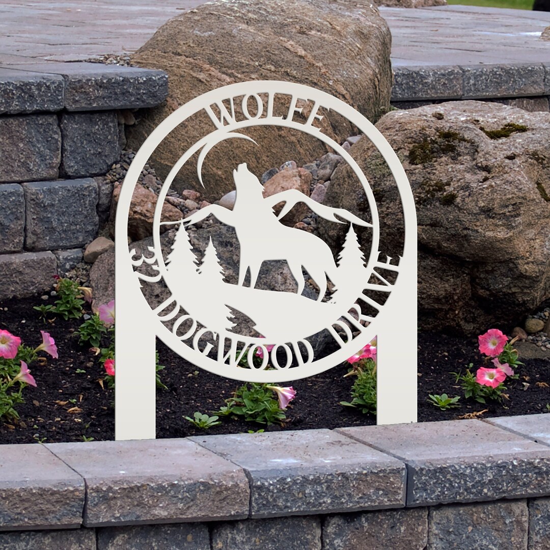 Custom Wolf Address Sign for Front Yard or Driveway Mountain Scene Yard