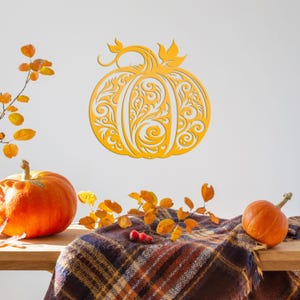 Decorative Scroll Pumpkin Metal Sign - Fall Harvest Decor - Indoor/Outdoor Autumn Pumpkin Signs - Thanksgiving Wall Art - Front Door Decor Yellow