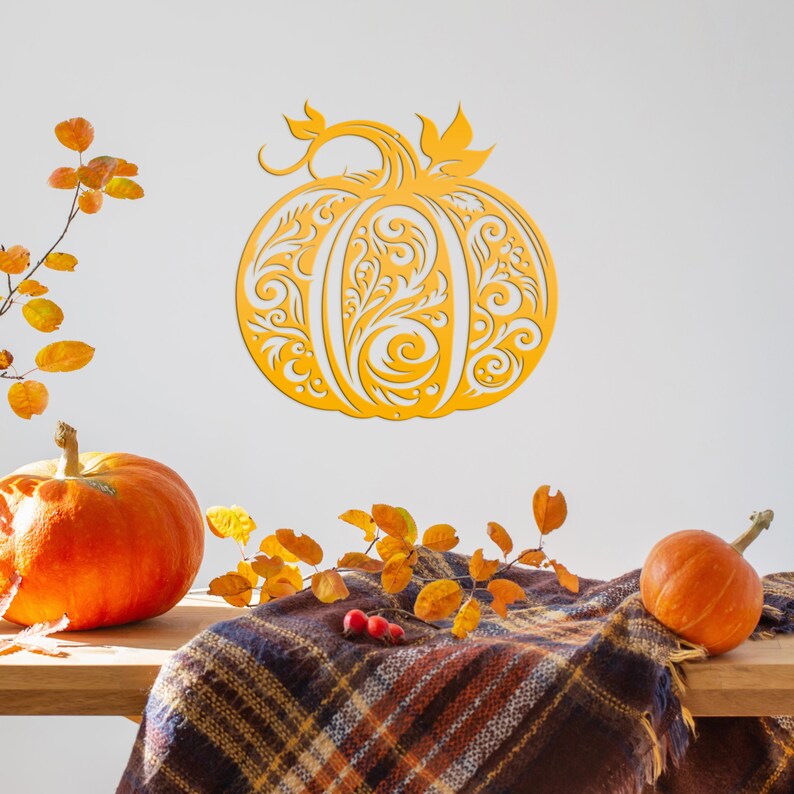 Decorative Scroll Pumpkin Metal Sign - Fall Harvest Decor - Indoor/Outdoor Autumn Pumpkin Signs - Thanksgiving Wall Art - Front Door Decor Yellow