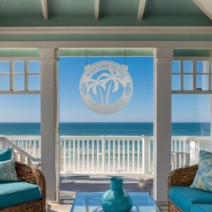 Palm Tree Hanging Pool or Patio Sign - Rental Property Address Sign- Tropical Decor - Housewarming Gift - Anniversary Gift -Porch Home Decor Silver