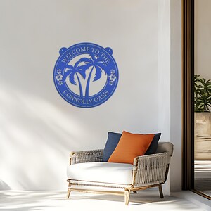Palm Tree Hanging Pool or Patio Sign - Rental Property Address Sign- Tropical Decor - Housewarming Gift - Anniversary Gift -Porch Home Decor Blue