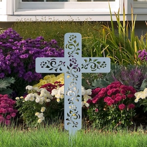 Cross for Front Yard or Garden, Metal Scrolled Cross, Christian Easter Decor