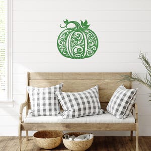 Decorative Scroll Pumpkin Metal Sign - Fall Harvest Decor - Indoor/Outdoor Autumn Pumpkin Signs - Thanksgiving Wall Art - Front Door Decor Green