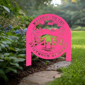 Custom Metal Lake Sign, Lake House Address Plaque, Personalized Outdoor Cabin Sign, Lake Decor, USA Made Lake House Gift Pink