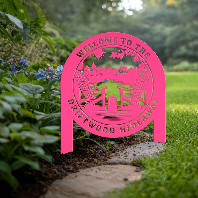 Custom Metal Lake Sign, Lake House Address Plaque, Personalized Outdoor Cabin Sign, Lake Decor, USA Made Lake House Gift Pink