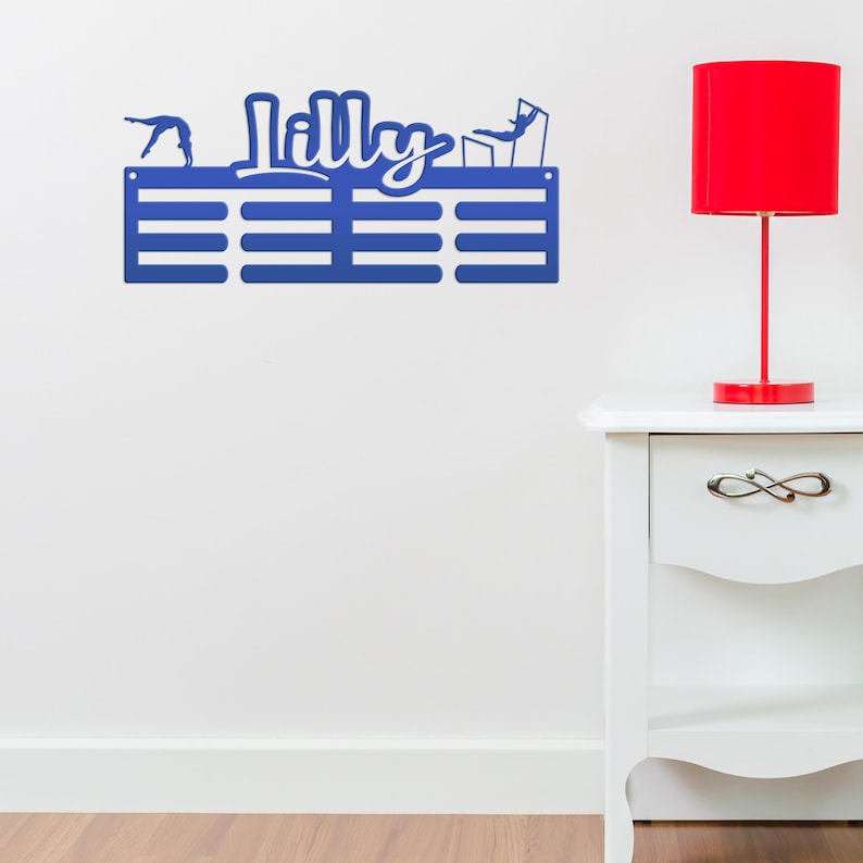 Gymnastics Medal Holder, Finally a place to proudly display all of your gymnasts award ribbons in one place! Blue