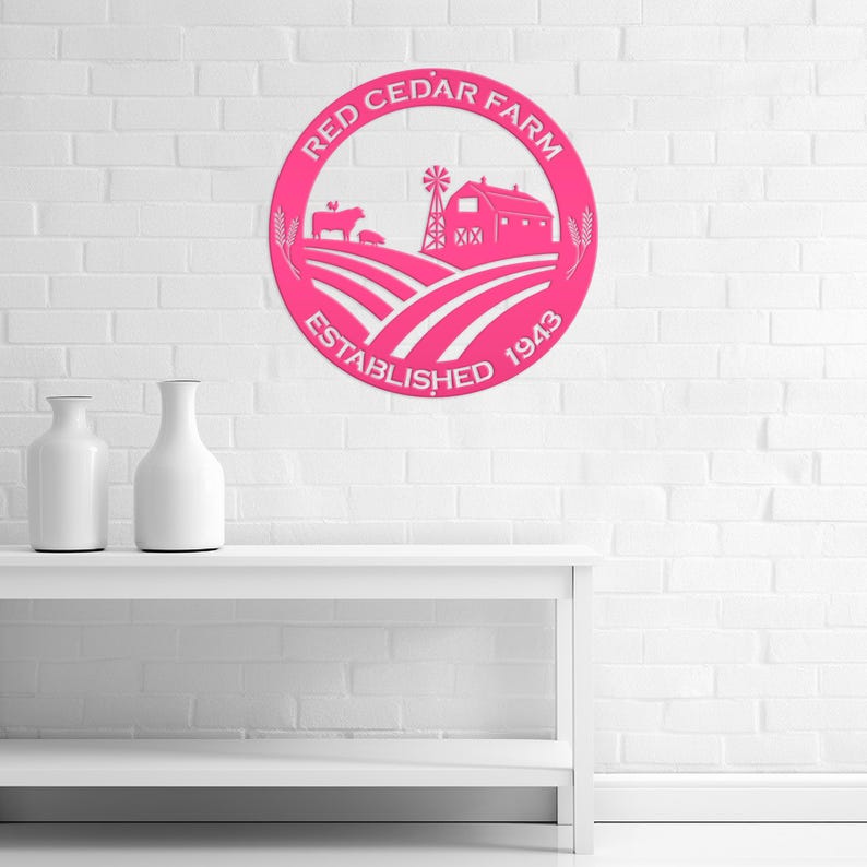 Round Custom Farm Sign With Established Date Metal Sign Pink