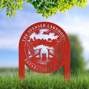 Custom Metal Lake Sign, Lake House Address Plaque, Personalized Outdoor Cabin Sign, Lake Decor, USA Made Lake House Gift Red