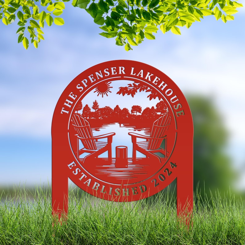 Custom Metal Lake Sign, Lake House Address Plaque, Personalized Outdoor Cabin Sign, Lake Decor, USA Made Lake House Gift Red