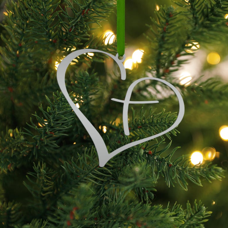 Metal Heart Cross Ornament, Christian Holiday Decor, Gift topper Silver