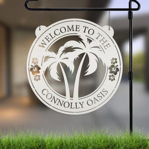 Palm Tree Hanging Pool or Patio Sign - Rental Property Address Sign- Tropical Decor - Housewarming Gift - Anniversary Gift -Porch Home Decor Matte White