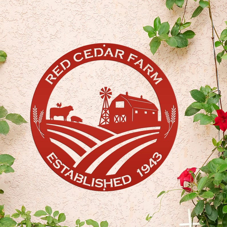 Round Custom Farm Sign With Established Date Metal Sign Red