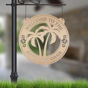 Palm Tree Hanging Pool or Patio Sign - Rental Property Address Sign- Tropical Decor - Housewarming Gift - Anniversary Gift -Porch Home Decor Gold