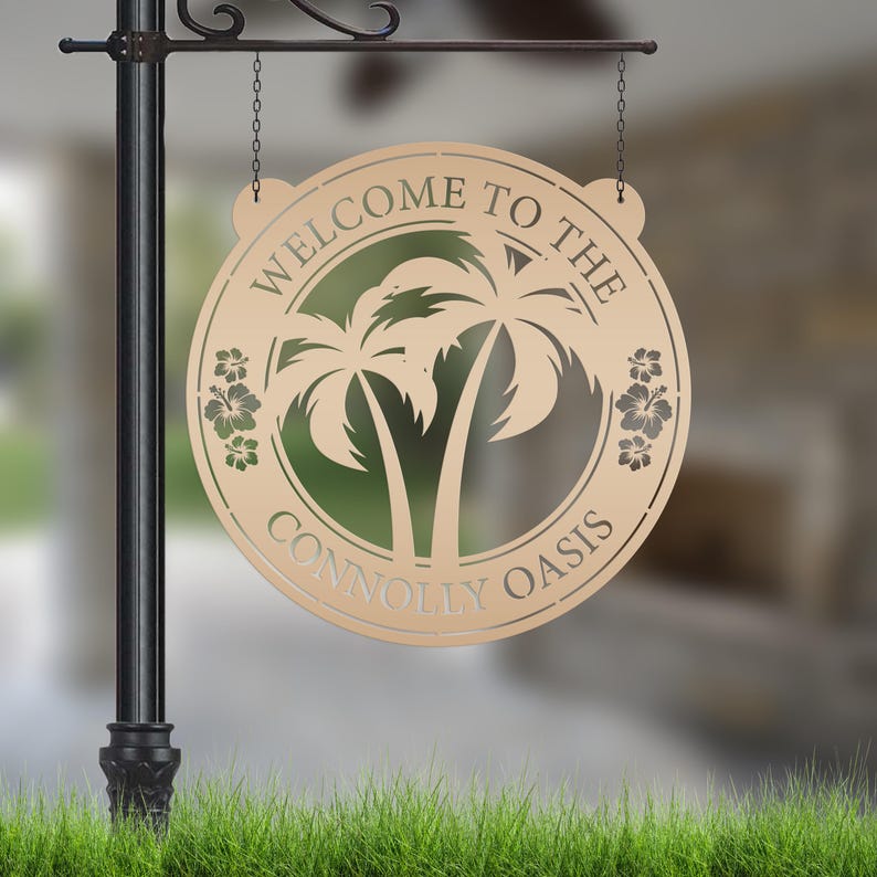 Palm Tree Hanging Pool or Patio Sign - Rental Property Address Sign- Tropical Decor - Housewarming Gift - Anniversary Gift -Porch Home Decor Gold