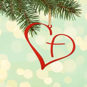 Metal Heart Cross Ornament, Christian Holiday Decor, Gift topper Red