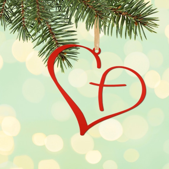 Metal Heart Cross Ornament, Christian Holiday Decor, Gift topper