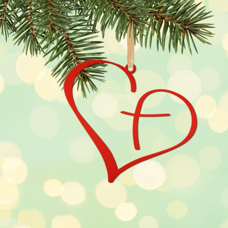 Metal Heart Cross Ornament, Christian Holiday Decor, Gift topper Red