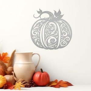 Decorative Scroll Pumpkin Metal Sign - Fall Harvest Decor - Indoor/Outdoor Autumn Pumpkin Signs - Thanksgiving Wall Art - Front Door Decor Silver