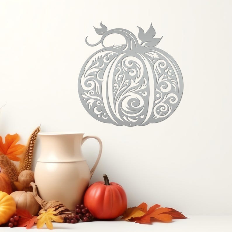 Decorative Scroll Pumpkin Metal Sign - Fall Harvest Decor - Indoor/Outdoor Autumn Pumpkin Signs - Thanksgiving Wall Art - Front Door Decor Silver