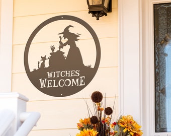 Halloween Metal Sign, Witches Welcome Wall Decor, Front Door Wreath Hanger, Fun sign for Trick or Treat, Haunted House Cauldron  Decoration