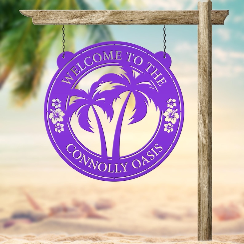 Palm Tree Hanging Pool or Patio Sign - Rental Property Address Sign- Tropical Decor - Housewarming Gift - Anniversary Gift -Porch Home Decor Purple
