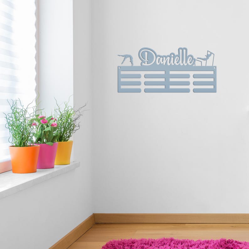 Gymnastics Medal Holder, Finally a place to proudly display all of your gymnasts award ribbons in one place! Powder Blue