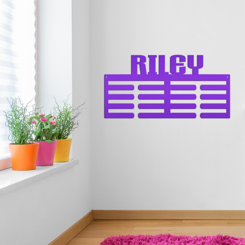 Medal Award Hanging Rack, Custon Sport Metal Ribbon Wall Display, Unique Gift Idea, Personalized Medal Holder, Birthday or Christmas Present Purple