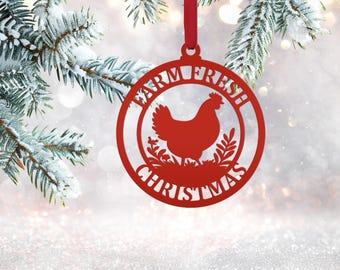 Chicken Ornament - Rustic Christmas Tree Decoration - Farmhouse Style Decor - Metal Ornaments - Laser Cut Holiday Trinket - Farmers Gift