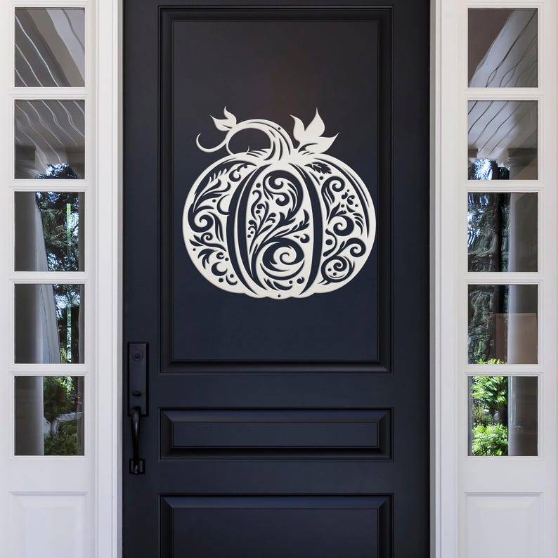 Decorative Scroll Pumpkin Metal Sign - Fall Harvest Decor - Indoor/Outdoor Autumn Pumpkin Signs - Thanksgiving Wall Art - Front Door Decor Matte White