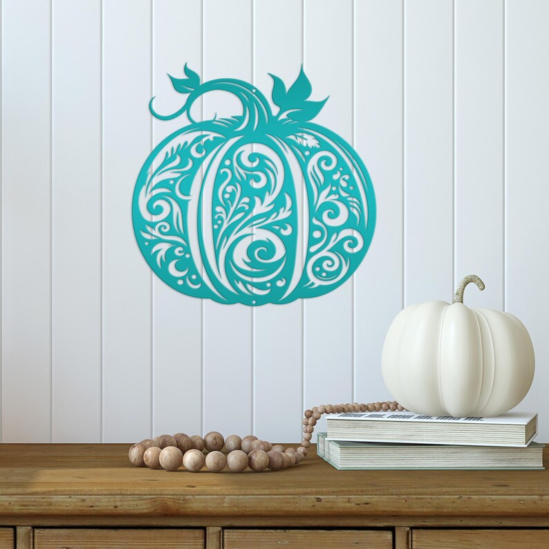 Decorative Scroll Pumpkin Metal Sign - Fall Harvest Decor - Indoor/Outdoor Autumn Pumpkin Signs - Thanksgiving Wall Art - Front Door Decor Teal