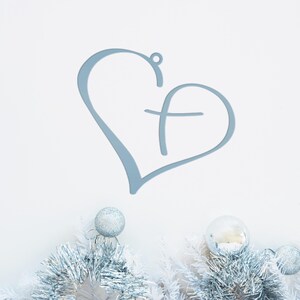 Metal Heart Cross Ornament, Christian Holiday Decor, Gift topper Powder Blue