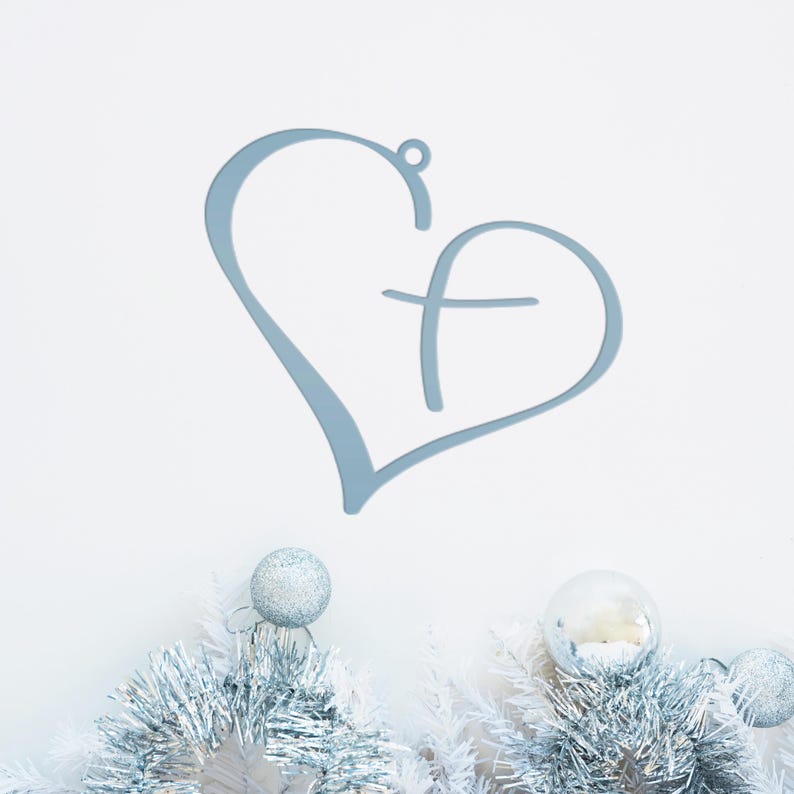 Metal Heart Cross Ornament, Christian Holiday Decor, Gift topper Powder Blue