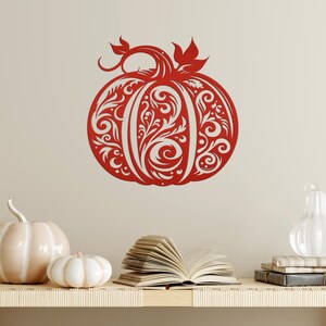 Decorative Scroll Pumpkin Metal Sign - Fall Harvest Decor - Indoor/Outdoor Autumn Pumpkin Signs - Thanksgiving Wall Art - Front Door Decor Red