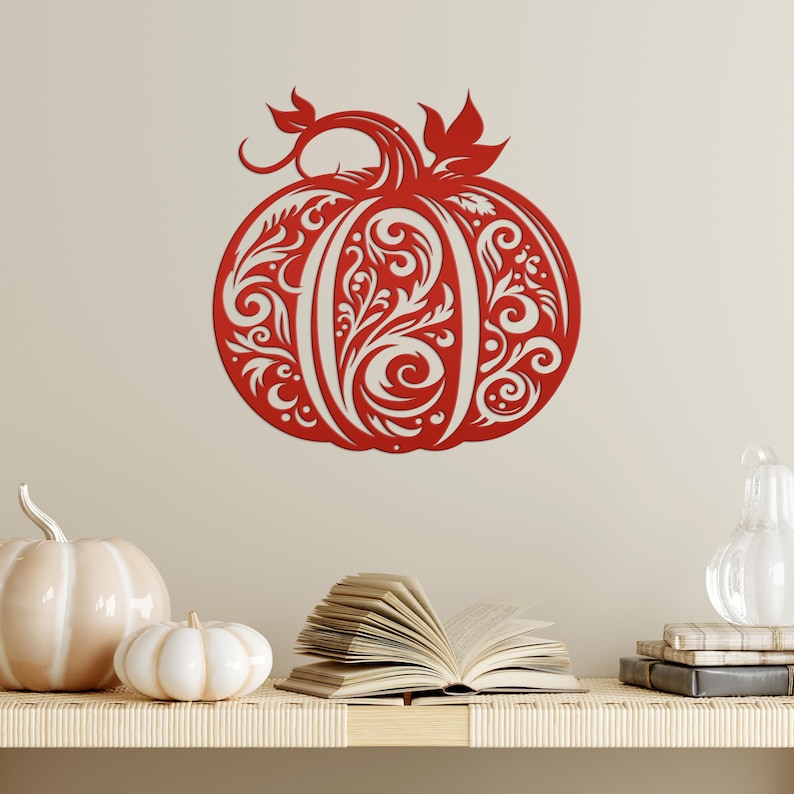 Decorative Scroll Pumpkin Metal Sign - Fall Harvest Decor - Indoor/Outdoor Autumn Pumpkin Signs - Thanksgiving Wall Art - Front Door Decor Red