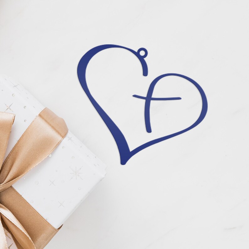 Metal Heart Cross Ornament, Christian Holiday Decor, Gift topper Navy