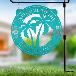 Palm Tree Hanging Pool or Patio Sign - Rental Property Address Sign- Tropical Decor - Housewarming Gift - Anniversary Gift -Porch Home Decor Teal